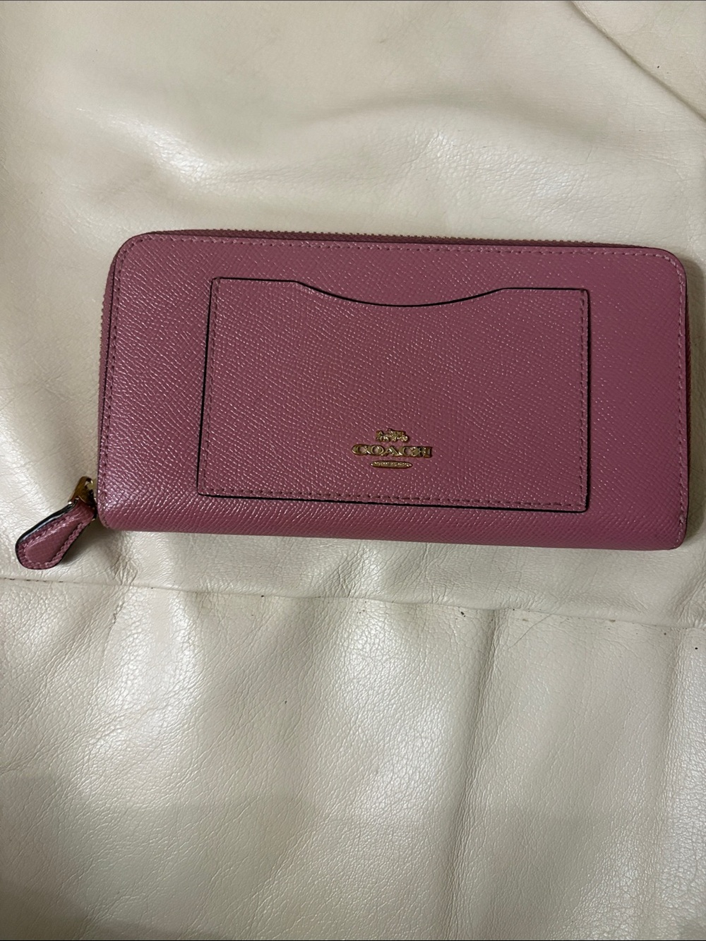 Coach Mauve Pink Zip-Around Saffiano Leather Wallet with Exterior Card Pocket